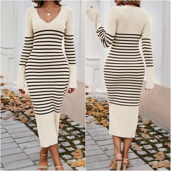 Striped V-Neck Sweater Dress - Picture 1 of 8